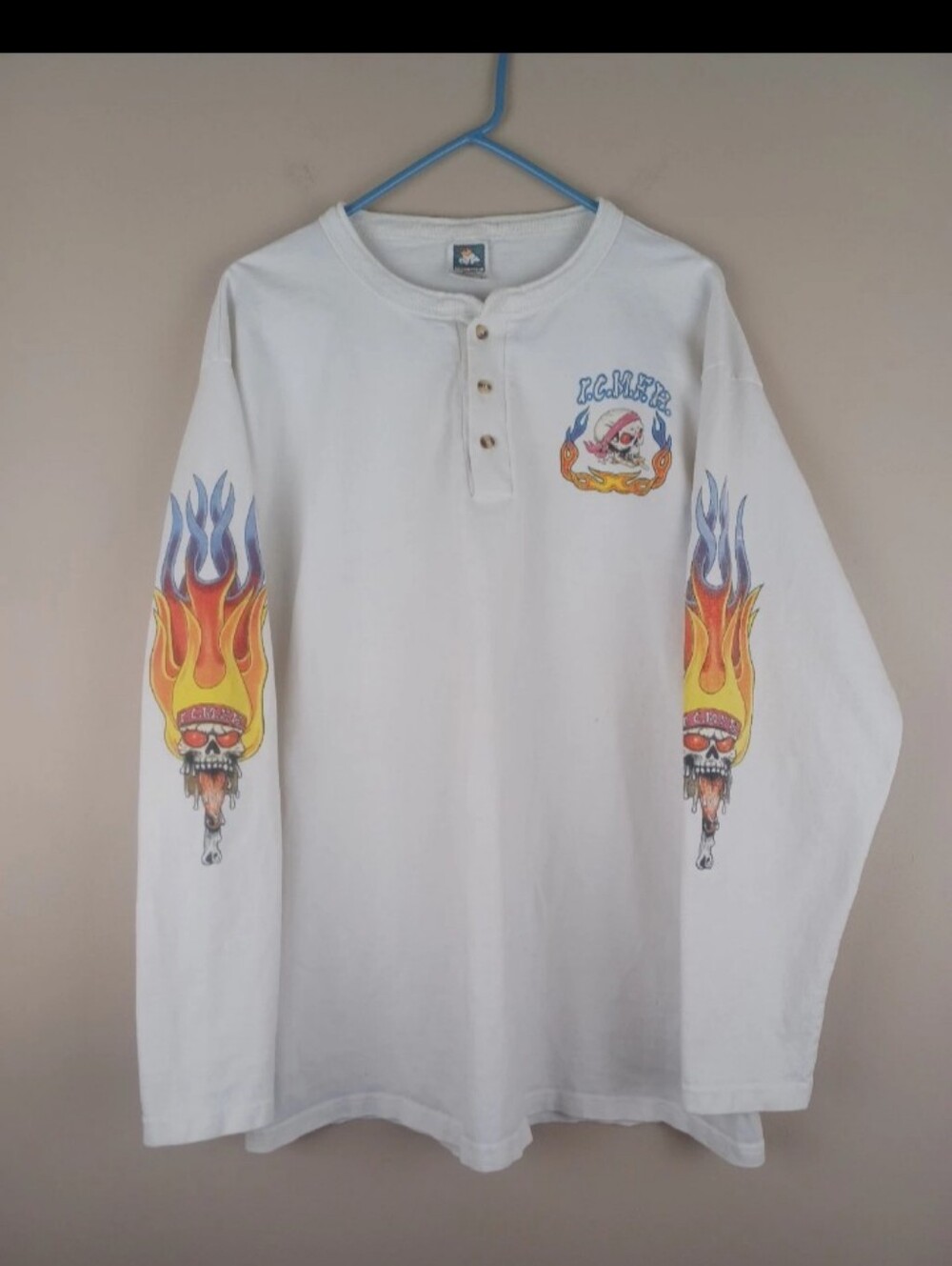 Vintage Ice Cream Man From Hell Biker Flame Long Sleeve T Shirt Sz L White Rare